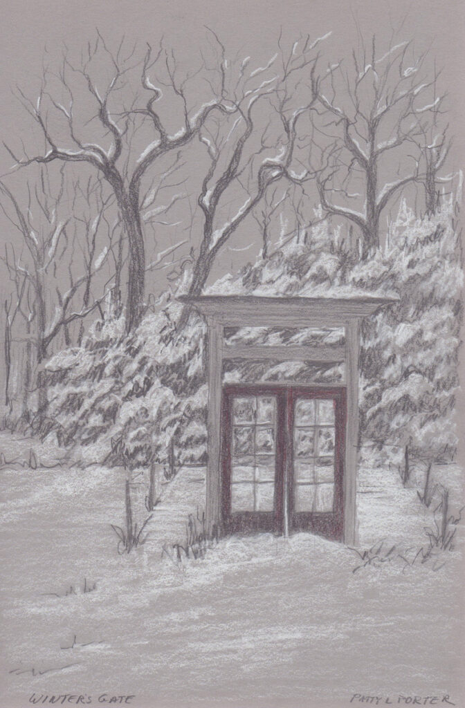 Patty L Porter • <em>Sketch — Winter's Gate</em> • Graphite and pastel chalk • $75.00<a class="purchase" href="https://state-of-the-art-gallery.square.site/product/patty-l-porter-sketch-winter-s-gate/1787" target="_blank">Buy</a>