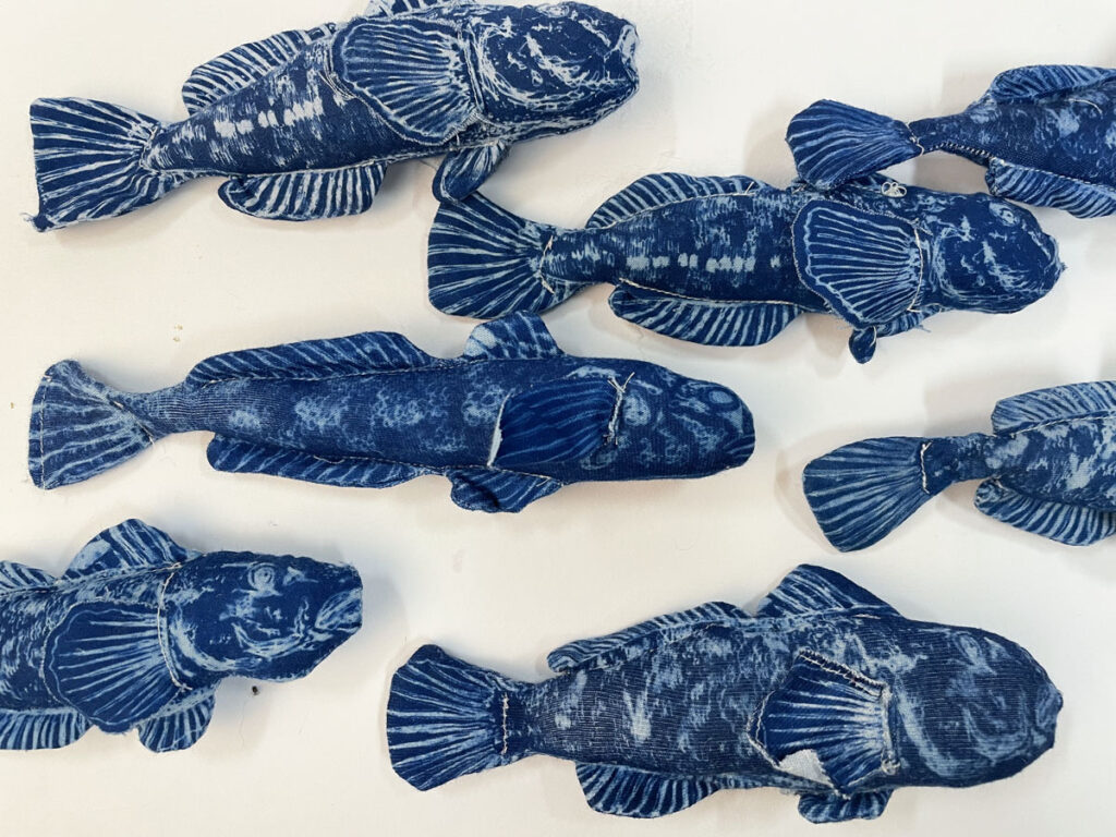 Christine Chin and Wei Zhengrui • <em>Invasive Species: Round Goby (Neogobius melanostomus)</em> • Cyanotype on fabric from original drawings, sewing thread, polyester fill • NFS