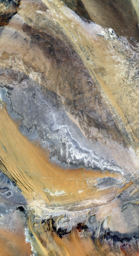 Jay Hart • <em>Sand Streets around the Dakhla Oasis</em> • Natural color Landsat over shaded elevation • 26″×48″ • $900.00