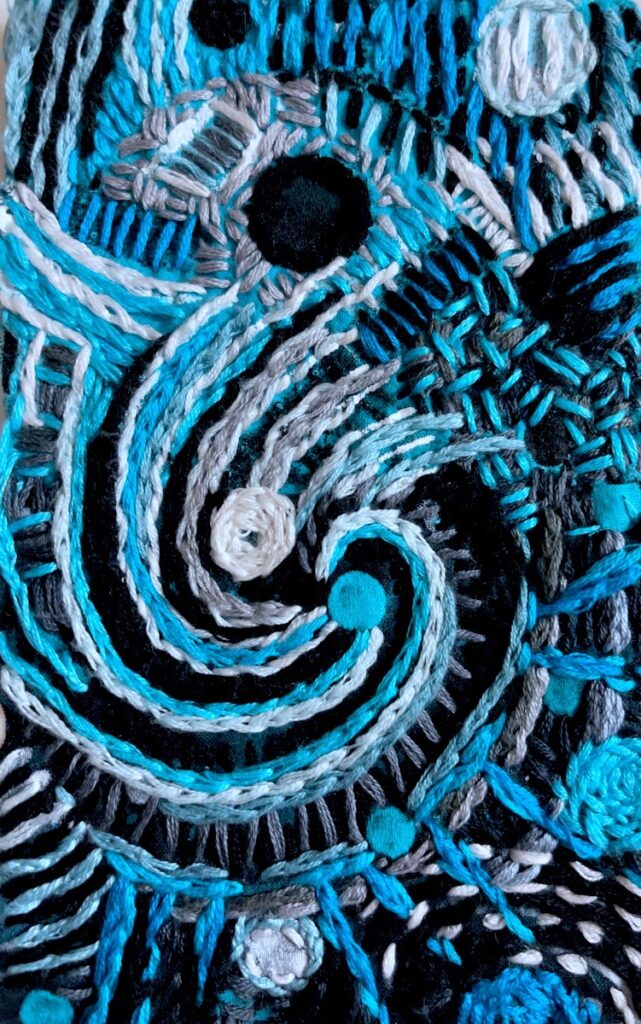 Patricia Brown • <em>Blue Black White Study 3</em> • Embroidery on cotton, framed • 8″×10″ • $195.00