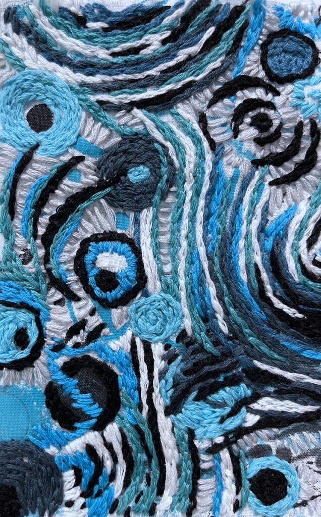 Patricia Brown • <em>Blue Black White Study 4</em> • Embroidery on cotton, framed • 8″×10″ • $195.00