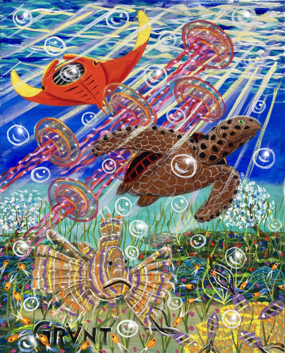 Robert Grant • <em>Captain Nemo’s Adventure in Grantlantis</em> • Acrylic, glitter, on canvas [3d] • 24″×36″×2″ • $1,550.00