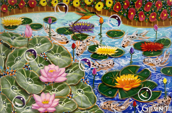 Robert Grant • <em>Dans la Jardin de Grant (In Grant’s Garden)</em> • Acrylic, glitter, on canvas [3d] • 36″×24″×2″ • $1,750.00