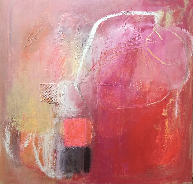 Ileen Kaplan • <em>Dreaming In Red</em> • Oil, oil pastel, collage on canvas • 24″×24″ • $1,300.00