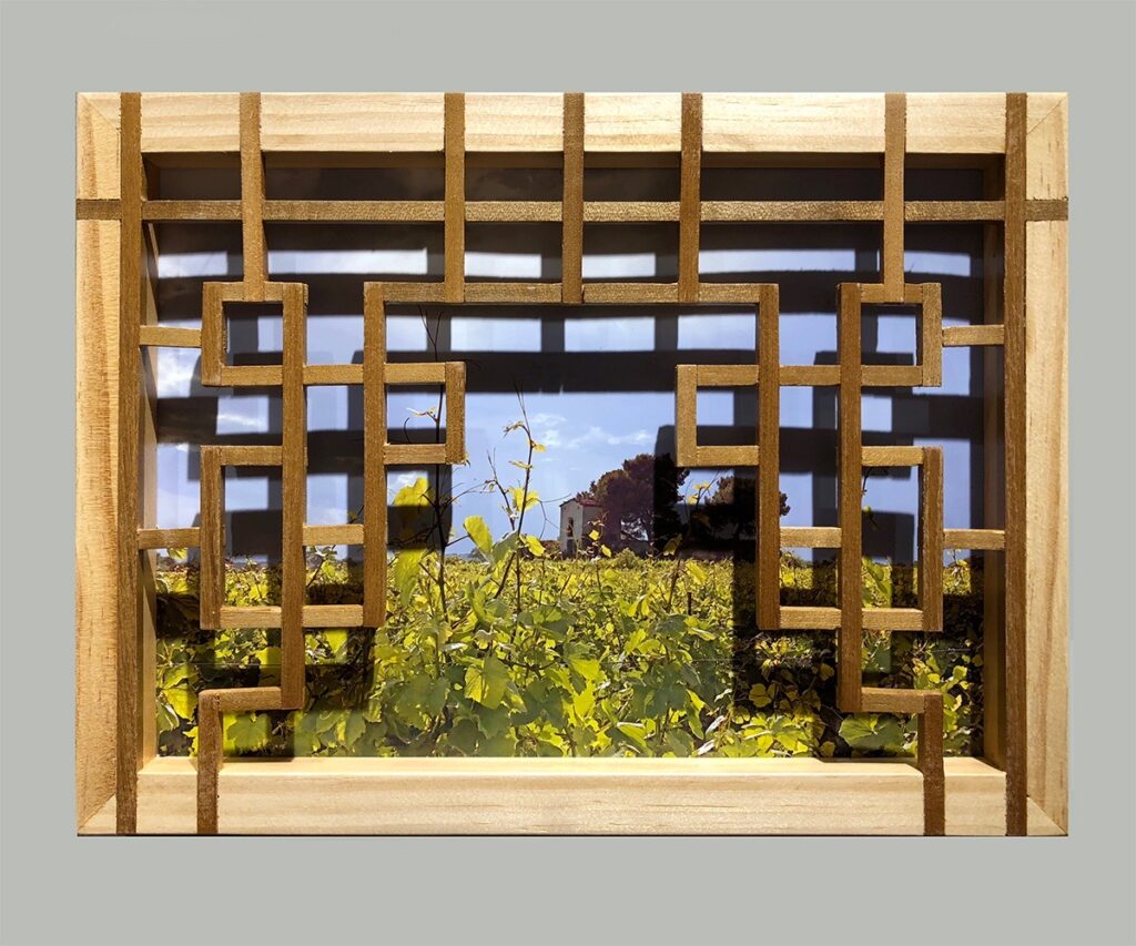 Eva M. Capobianco • <em>Margon Vineyard with Lattice</em> • Digital photo and reused wood • 12″×9″×1½″ • $125.00