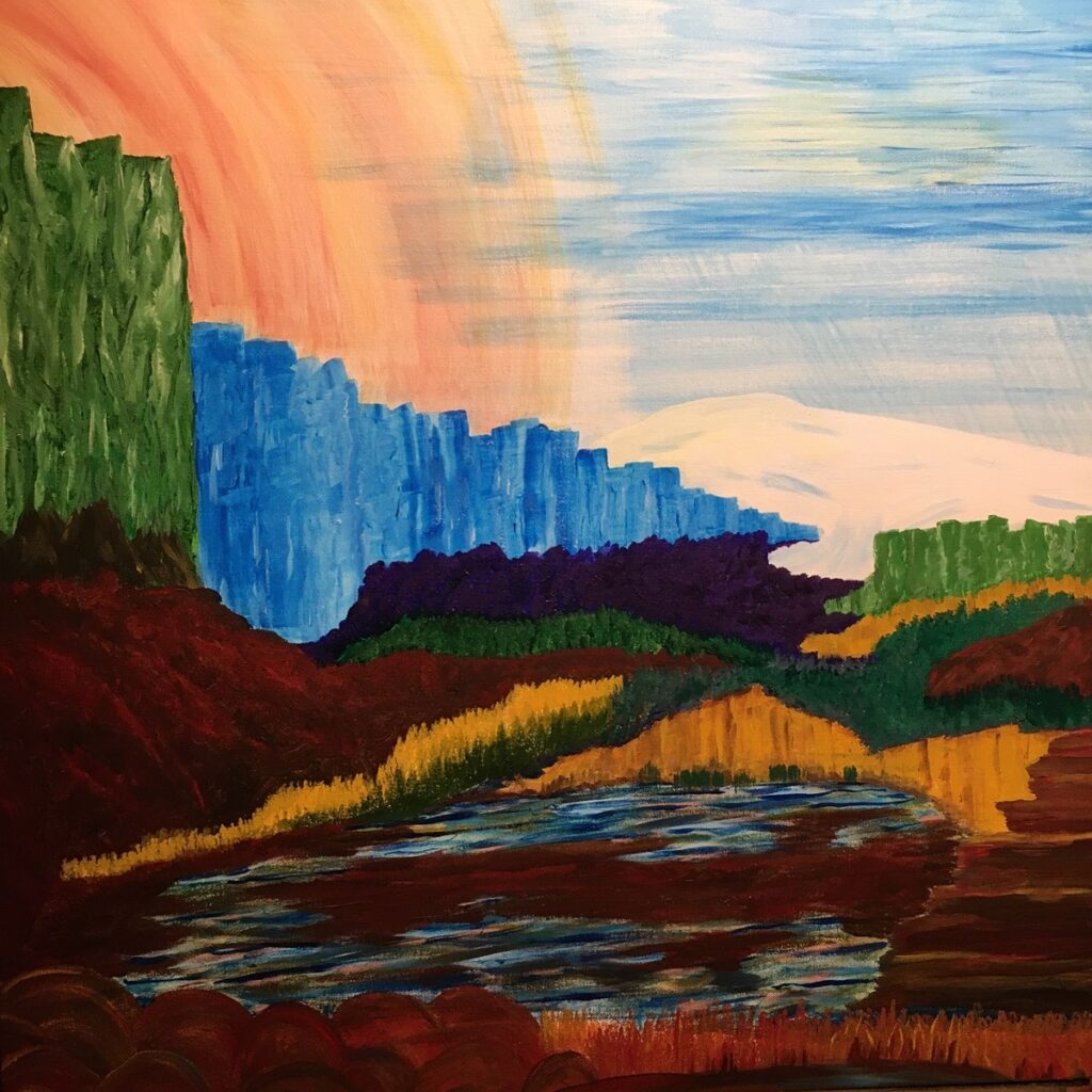 Don Ellis • <em>June in the Finger Lakes, 12,000 BC</em> • Acrylic on canvas • 30″×30″ • $635.00