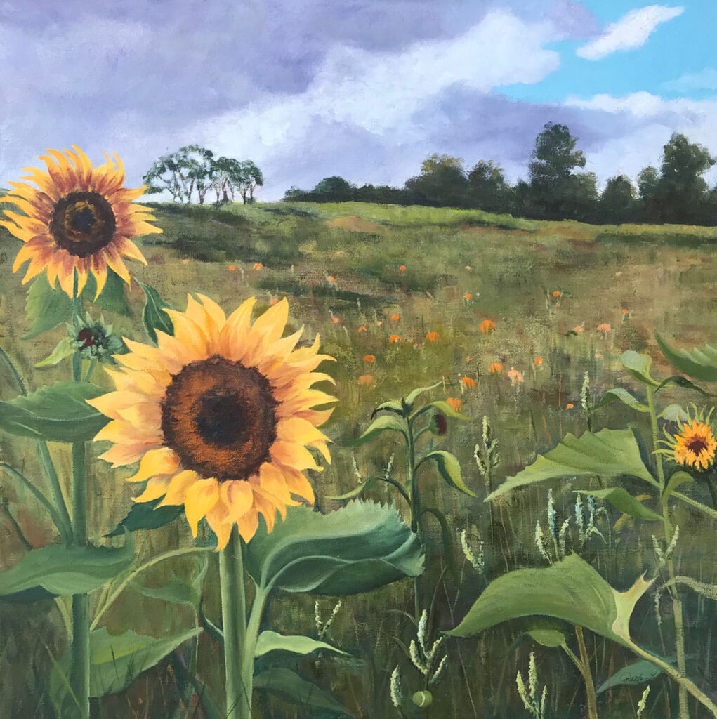 Patty L Porter • <em>Sunflowers ~ Hayts Road</em> • Oil on canvas • 20″×20″ • $750.00