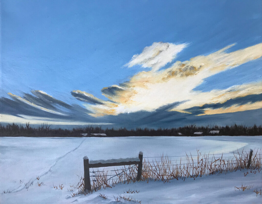 Patty L Porter • <em>Winter Evening ~ Cold Springs</em> • Oil on canvas • 16″×20″ • $600.00