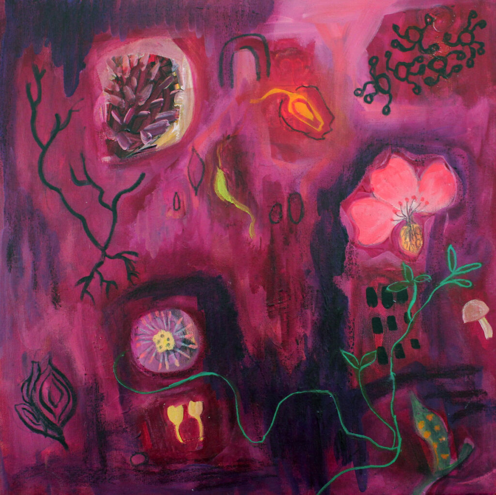 Ethel Vrana • <em>Red-Purple Fantasy</em> • Oil on canvas • 20″×20″ • $500.00