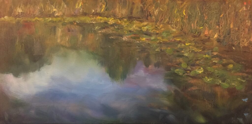 Hsiao-Pei Yang • <em>Reflections of Clouds on the Water-Lily Pond, Cornell Garden</em> • Oil on canvas • 24″×12″ • $650.00