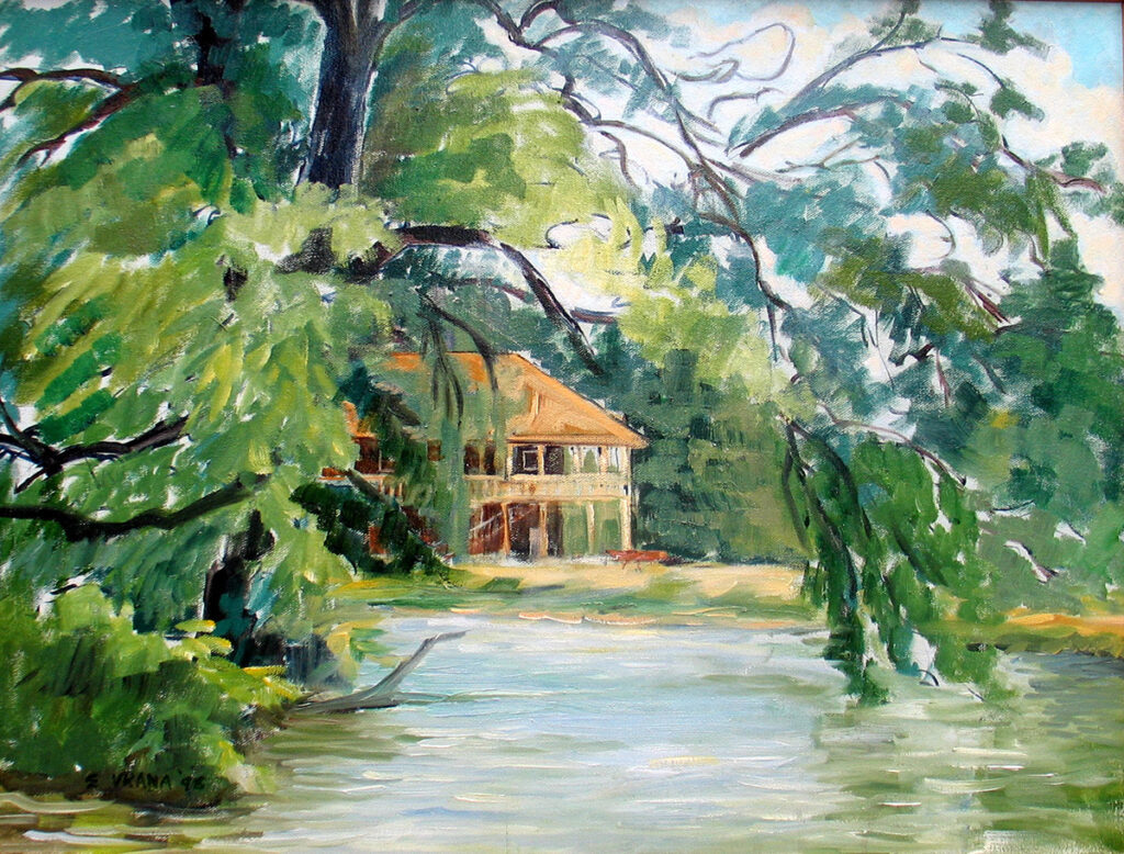 Ethel Vrana • <em>Cascadilla Boathouse</em> • Acrylic on canvas • 18″×24″ • $560.00