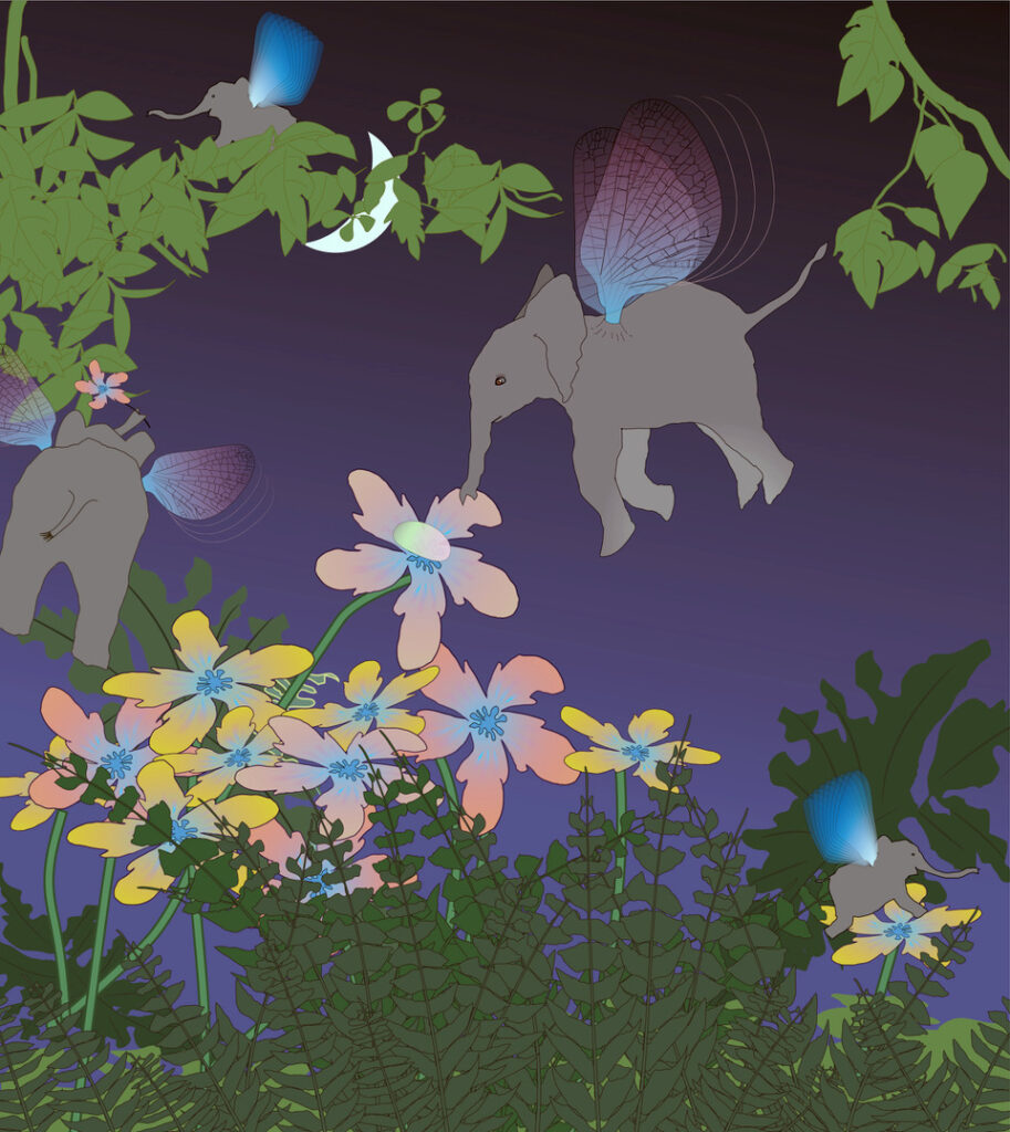 Margy Nelson • <em>Dumbo in the Night Garden</em> • Digital print • 16″×20″ • $165.00