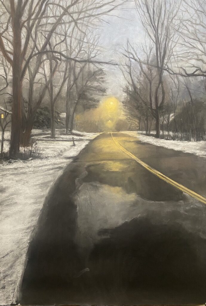 Diane Newton • <em>North Sunset Drive, Ithaca</em> • Pastel on black Arches paper • 30″×44″ • $3,250.00<a class="purchase" href="https://state-of-the-art-gallery.square.site/product/diane-newton-north-sunset-drive-ithaca/2467" target="_blank">Buy</a>