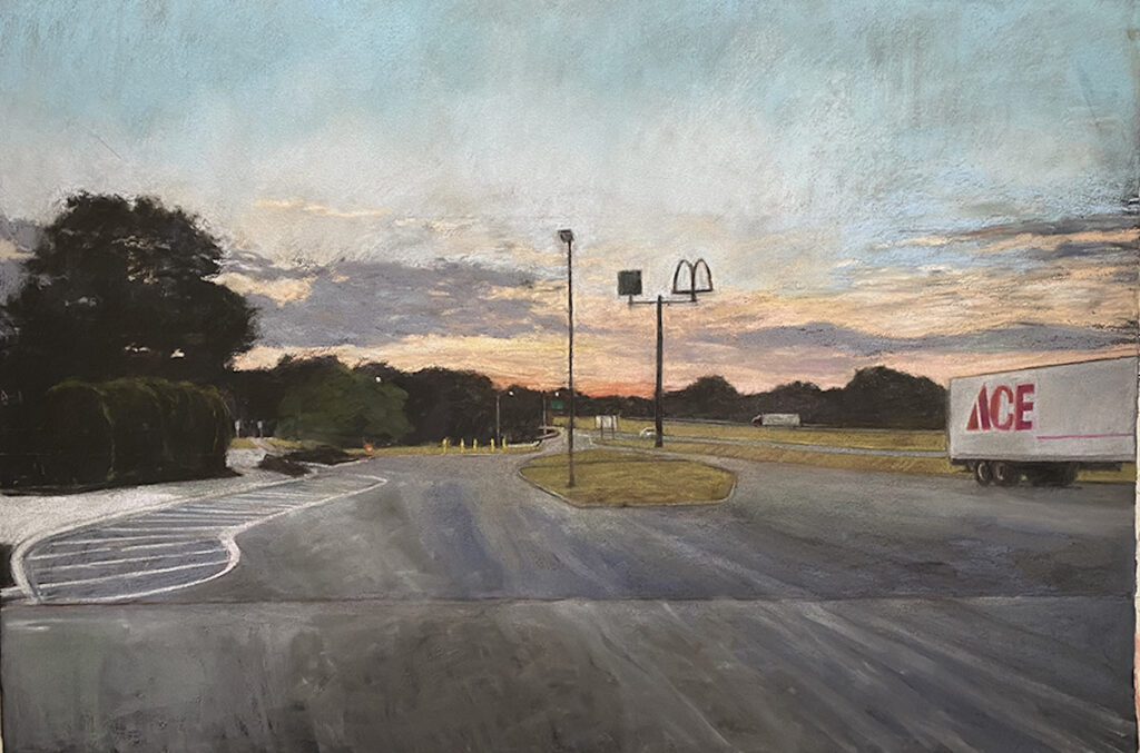 Diane Newton • <em>Rest Stop/Mass Pike</em> • Pastel on black Arches paper • 44″×30″ • $3,250.00<a class="purchase" href="https://state-of-the-art-gallery.square.site/product/diane-newton-rest-stop-mass-pike/2459" target="_blank">Buy</a>