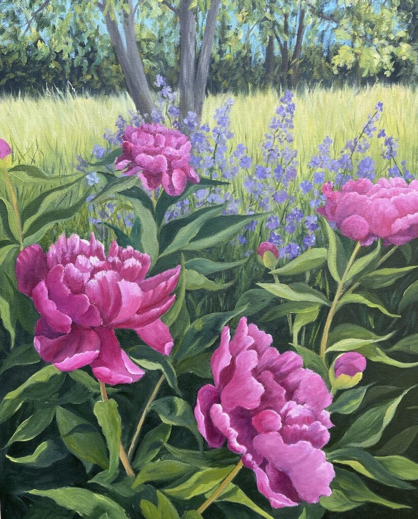 Patty L Porter • <em>Peonies on Cold Springs</em> • Oil on canvas • 16″×20″ • $600.00<a class="purchase" href="https://state-of-the-art-gallery.square.site/product/patty-l-porter-peonies-on-cold-springs/2452" target="_blank">Buy</a>