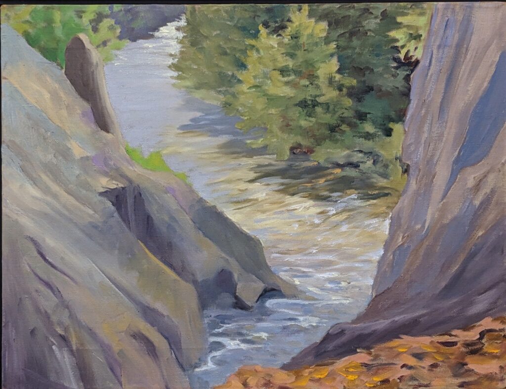 Diana Ozolins  • <em>Varna Highbanks from Finger Lakes trail</em> • Oil on canvas • 18″×14″ • $500.00