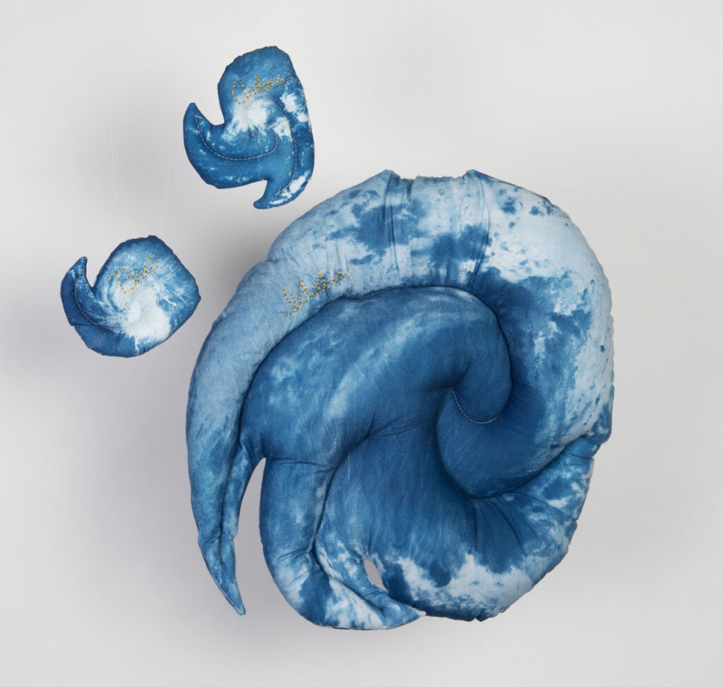 Christine Chin • <em>Stuffed Storms: 2023 Atlantic Tropical Storm Season</em> • Stuffed and quilted cyanotype prints of satellite imagery on fabric with hand embroidery • $5,000.00