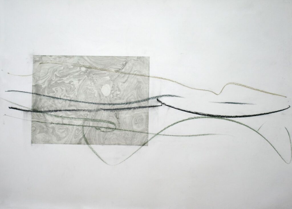 Irina Kassabova • <em>Only Strings, 2010</em> • Pastel, suminagashi, collage • 26″×20″ • $650.00