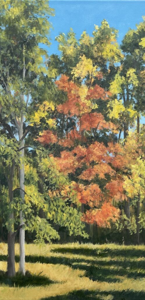 Patty L Porter • <em>Cold Springs Fall</em> • Oil on canvas • 12″×24″ • $550.00