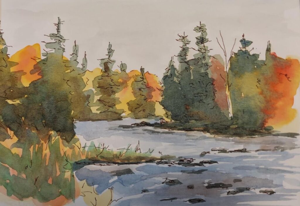 Annemiek Haralson • <em>Adirondack Fall</em> • Ink and watercolor • 7″×5″ • $125.00