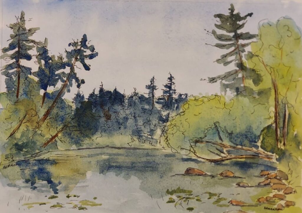 Annemiek Haralson • <em>At the Boat Launch</em> • Ink and watercolor • 6½″×4½″ • $125.00