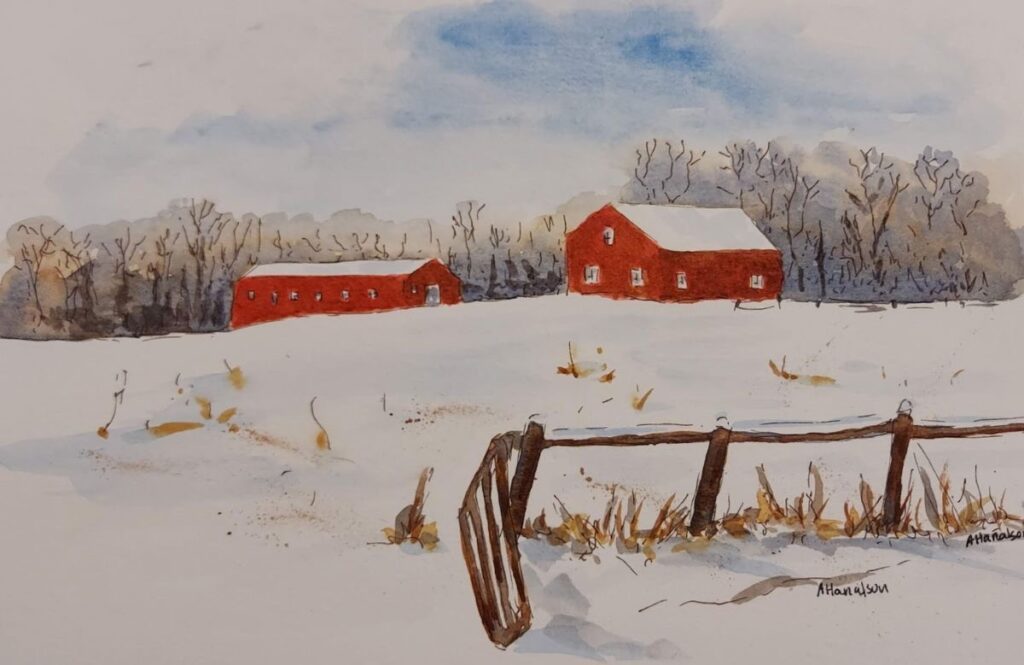 Annemiek Haralson • <em>Barns in Winter</em> • Ink and watercolor • 7″×5½″ • $125.00