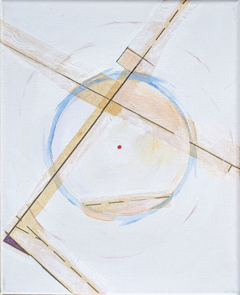 Katrina Morse • <em>O#3 of the XO Series</em> • Acrylic and printed tissue paper on canvas • 8″×10″ • $85.00