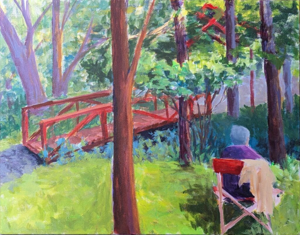 Diana Ozolins • <em>Painting at Wisdom's Goldenrod in August</em> • Acrylic on canvas • 18″×14″ • $800.00