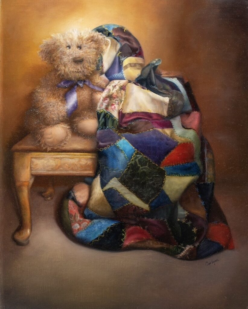 Lisa Carlyon • <em>The Comforter</em> • Oil on linen panel • 20″×24″ • $2,000.00