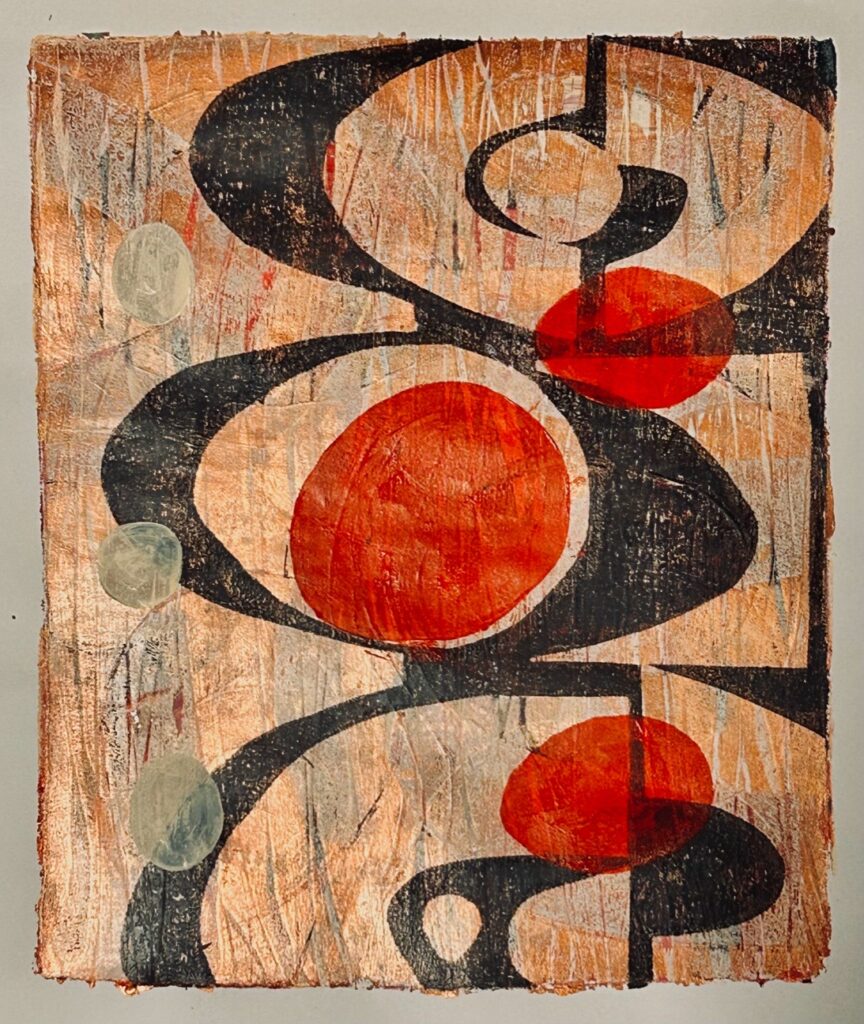 Judith Cogan • <em>Mud-Century Modern</em> • Acrylic acrylic paint monoprint using gel plate on watercolor paper. • 18″×24″ • $350.00