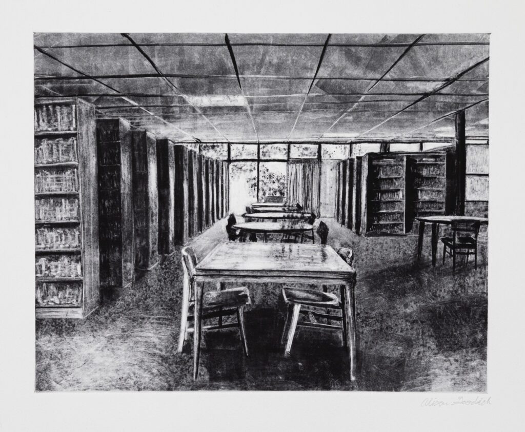 <span class="award_name">Honorable Mention</span>Alison Goodrich • <em>Library Seats View 1</em> • Etching ink on BFK Rives paper • 22″×15″ • $500.00