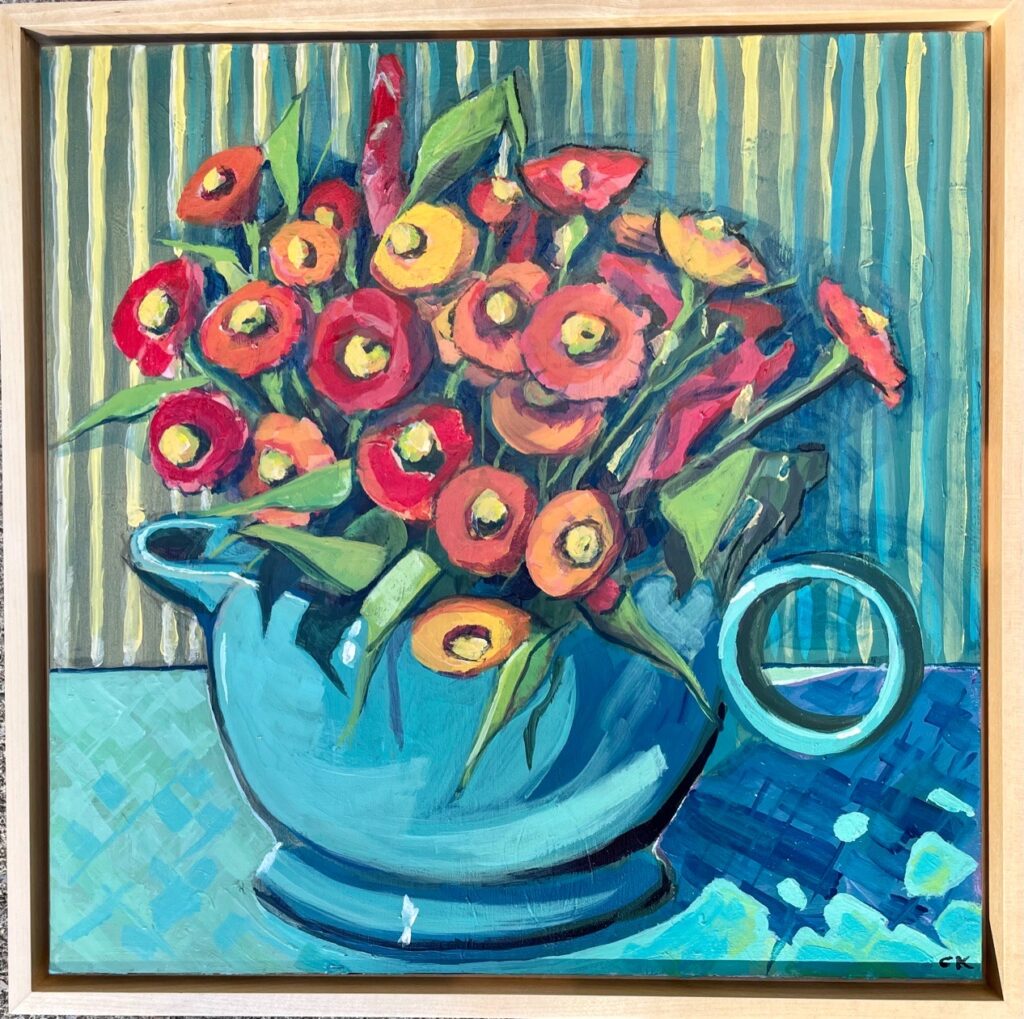 Cindy Kaufman • <em>Teapot Whimsy</em> • Acrylic on gesso panel, floating frame, light wood • 12″×12″ • $350.00
