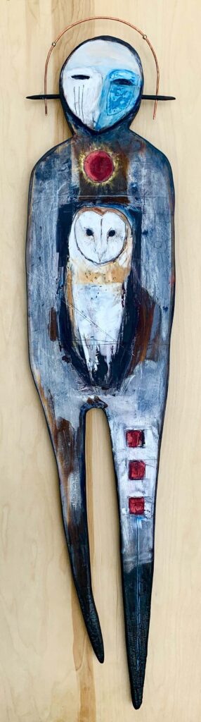 Erika Medina • <em>Owl Guide</em> • Oil, charred wood, mixed media on wood • 8″×42″×1″ • $1,540.00