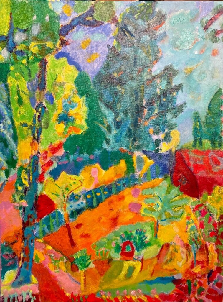 Vincent Joseph • <em>Garden Red Shed</em> • Acrylic • 18″×24″ • $750.00