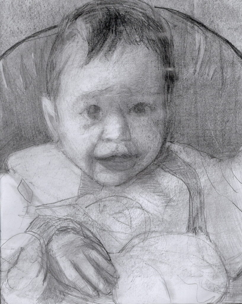 Geena Fratto • <em>Self-portrait (Infant)</em> • Graphite on paper • 9″×11″ • $295.00<a class="purchase" href="https://state-of-the-art-gallery.square.site/product/geena-fratto-self-portrait-infant-/2868" target="_blank">Buy</a>