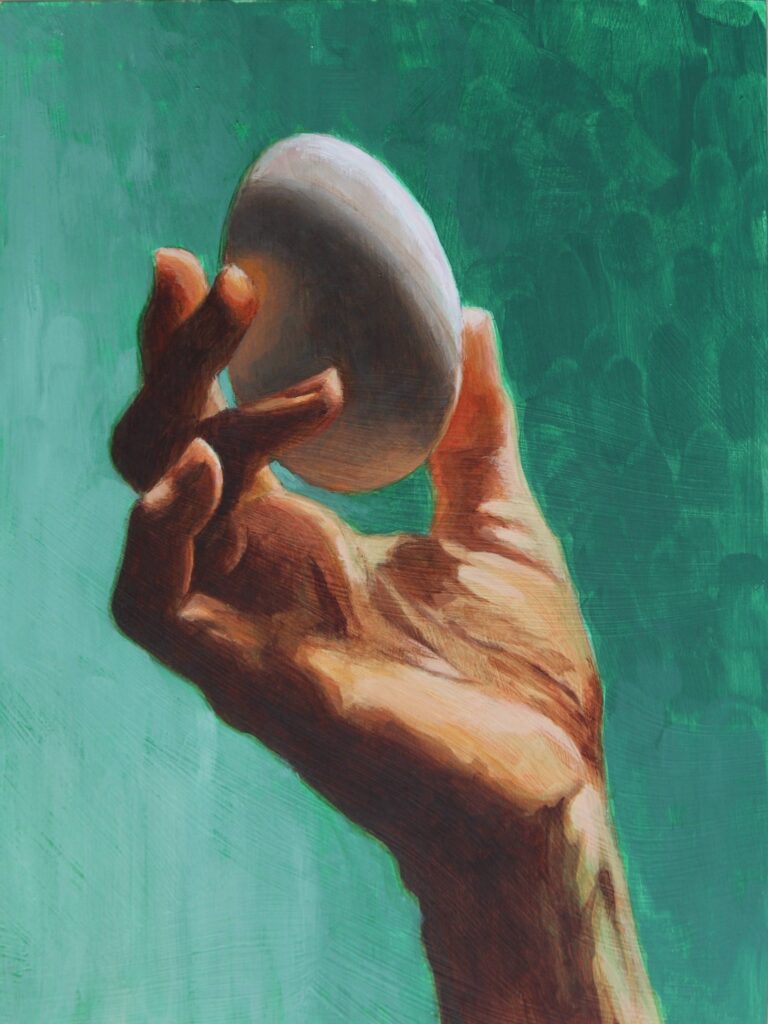 Brenda Bluestone • <em>Farmer's Market Goose Egg (from Jasper Meadows Farm)</em> • Acrylic on panel • 9″× 12″ • $350.00