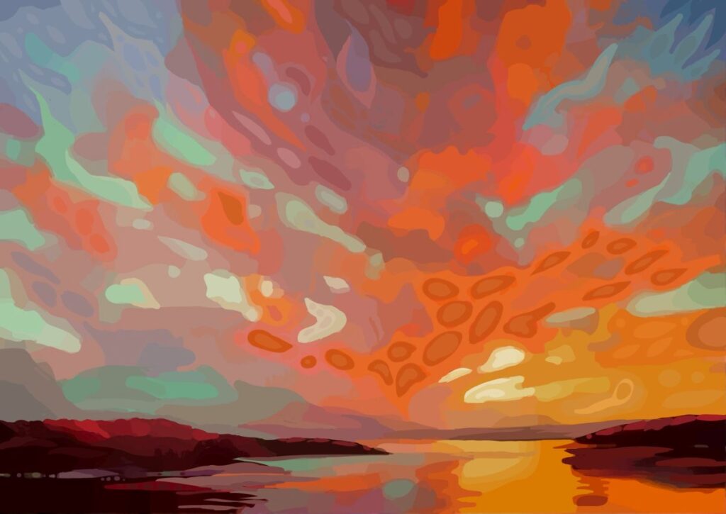 Daniel McPheeters • <em>Red Sky Over Cayuga</em> • Mixed media on panel • 24″× 17″ • $200.00