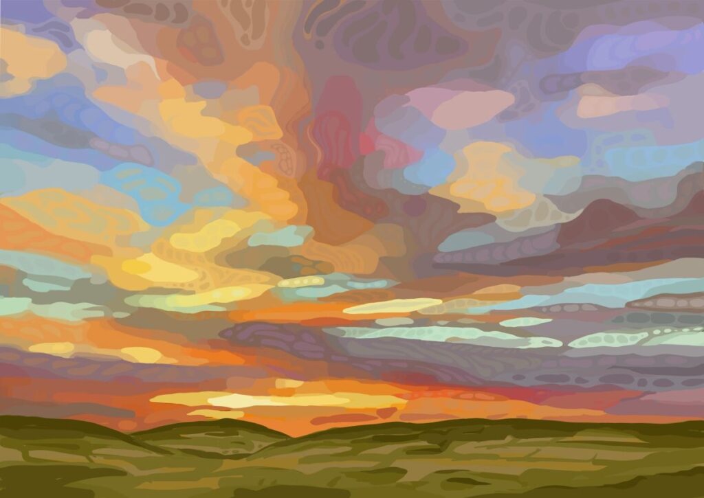 Daniel McPheeters • <em>West Hill Sunset</em> • Mixed media on panel • 24″× 17″ • $200.00