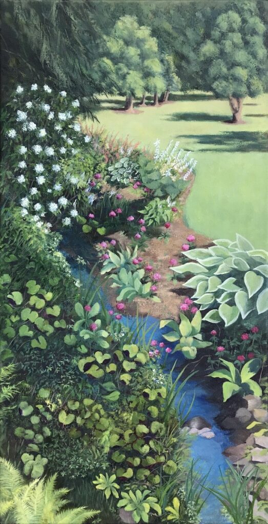 Patty L Porter • <em>Willow Way, Cornell Botanical Garden</em> • Oil on canvas • 18″× 36″ • $1,200.00