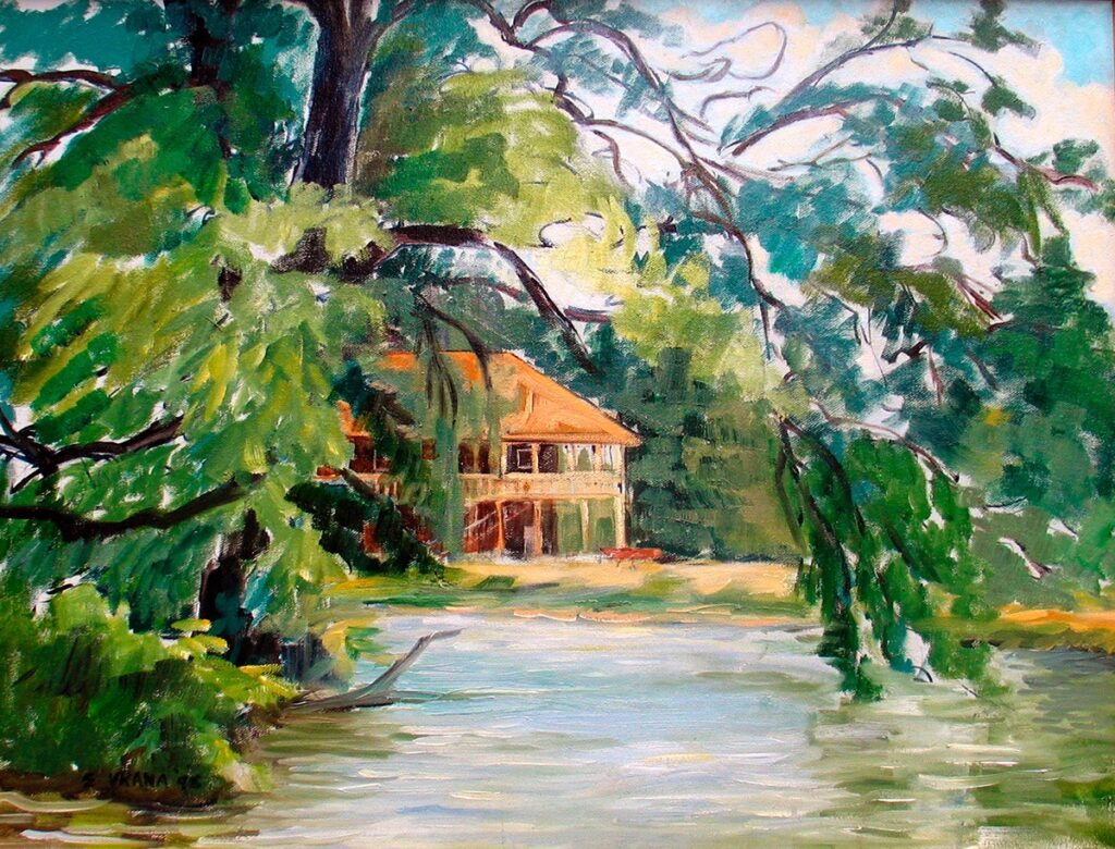 Ethel Vrana • <em>Cascadilla Boathouse</em> • Acrylic on canvas • 24″× 18″ • $675.00