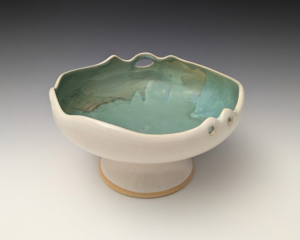 Kari Zelson Robertson • <em>Wave Pedestal Bowl</em> • Mid-fire electric ceramics, wheel thrown and altered, food and microwave safe • 8½″× 5″ • $150.00