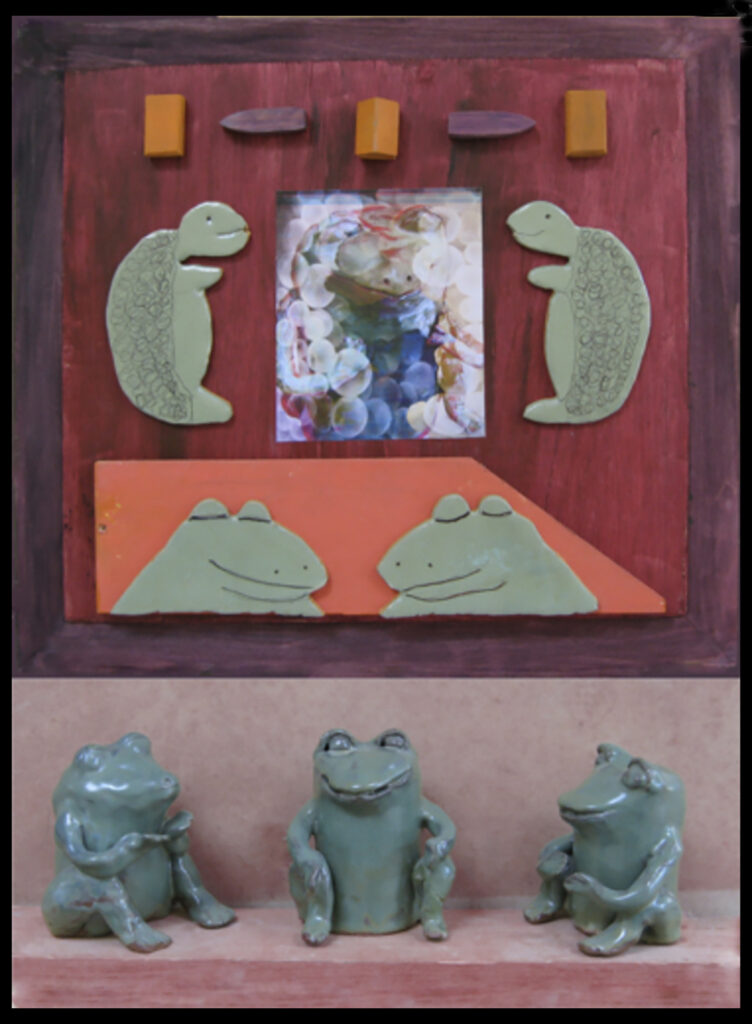 Mary Ann Bowman • <em>Frog Turtle Panel</em> • Print on canvas in wooden frame • 21″× 26″× 1½″ • $375.00