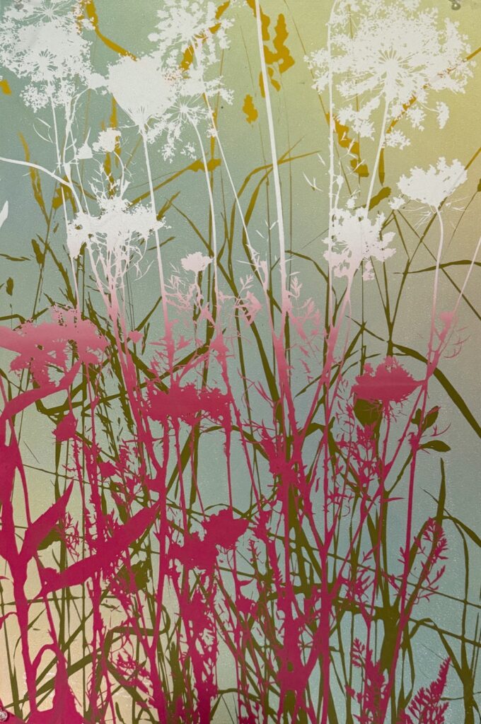 Patricia Thomas Hunsinger • <em>A Meadow Moment I.</em> • Screenprint over oil-based monotype • 20″× 27″ • $325.00