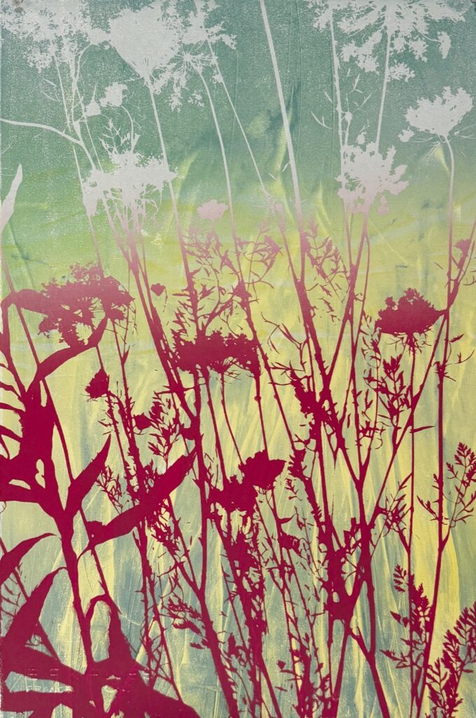 Patricia Thomas Hunsinger • <em>A Meadow Moment II.</em> • Screenprint over oil-based monotype • 15″× 22″ • $325.00