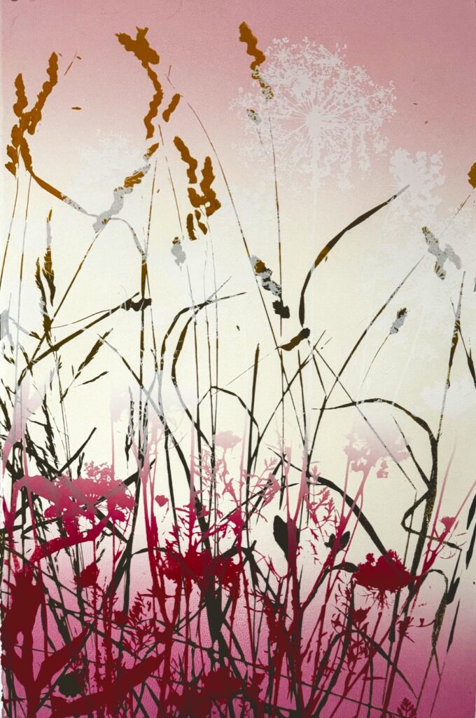 Patricia Thomas Hunsinger • <em>Blowing in the Wind</em> • Screenprint over oil-based monotype • 21″× 29″ • $325.00