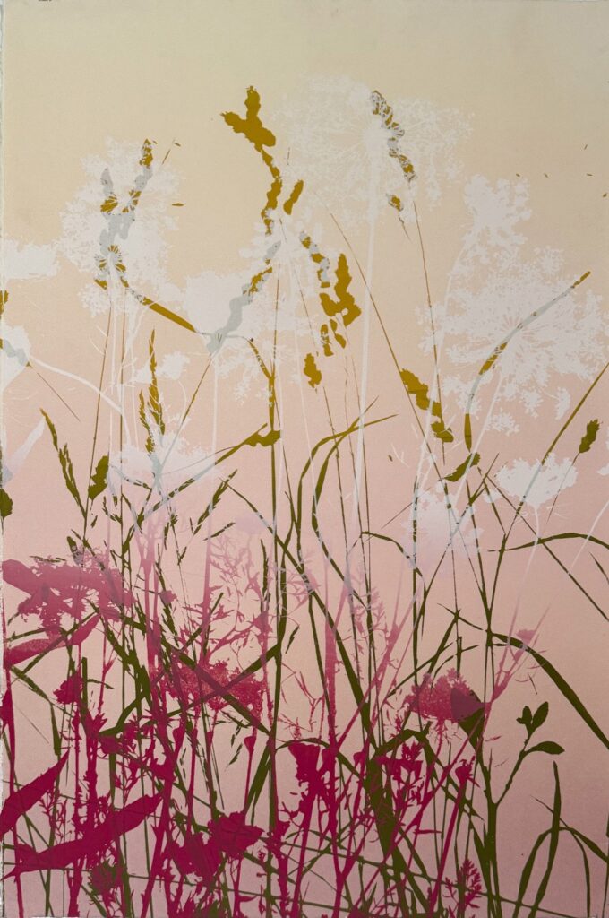 Patricia Thomas Hunsinger • <em>Scattered Seeds</em> • Screenprint over oil-based monotype • 21″× 29″ • $325.00