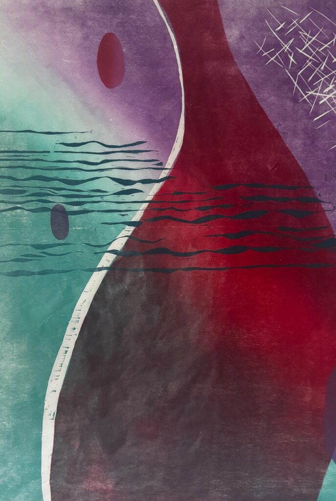 Patricia Thomas Hunsinger • <em>Under the Surface of Dawn</em> • Woodcut 1/5 • 32″× 40″ • $625.00