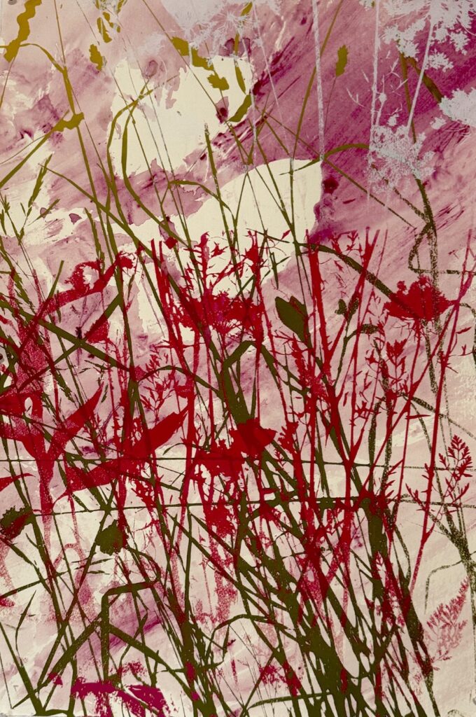 Patricia Thomas Hunsinger • <em>Wild Meadow</em> • Screenprint over cochineal monotype • 20″× 27″ • $325.00