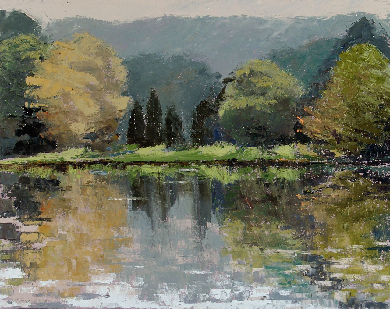 Diana Ozolins • <em>Rainy Morning at Cass Park</em> • Oil on canvas • 18″×14″ • $500.00