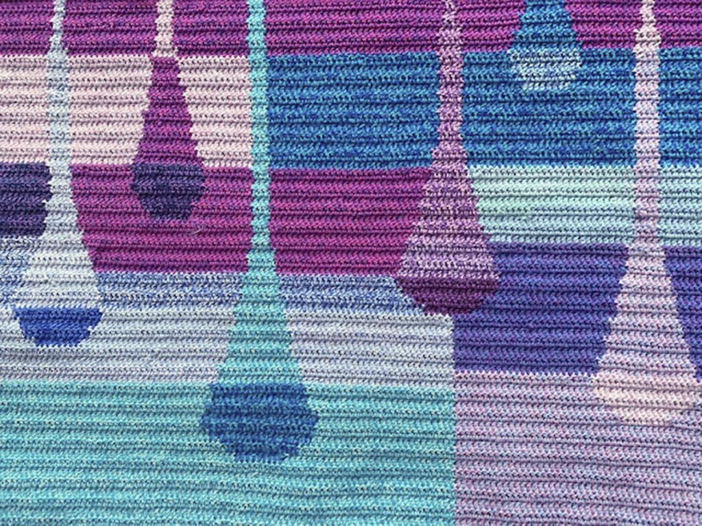Saundra Goodman • <em>Evening Rain in July </em> • Hand crochet using cotton threads • 23″×13¾″ • $275.00